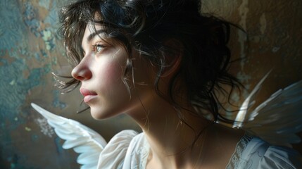 Poster - A woman in a white dress looking out a window. Suitable for various concepts and designs