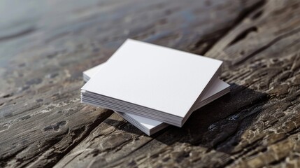 Poster - A stack of white cards on a wooden table. Ideal for business or education concepts
