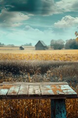 Poster - A wooden table sitting in a field of tall grass. Suitable for outdoor and nature themes