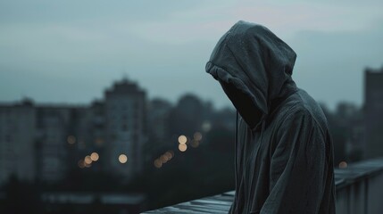 Poster - A person in a hoodie standing on a rooftop. Suitable for urban themes