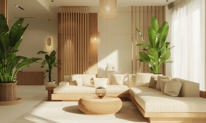 Poster - A living room with nature colors walls, modern lighting in the ceiling, wooden furniture and plants