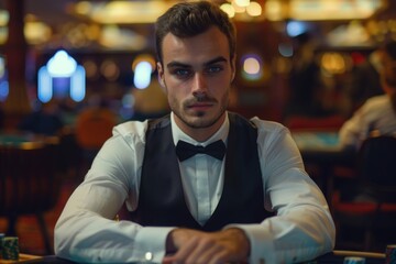 Poster - A man sitting at a table in a casino. Suitable for gambling and entertainment concepts