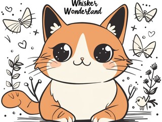 Aufkleber - a cartoon cat sitting on the ground with butterflies around it.