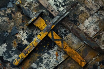 Aufkleber - Scissors placed on a stack of paint cans, ideal for DIY projects