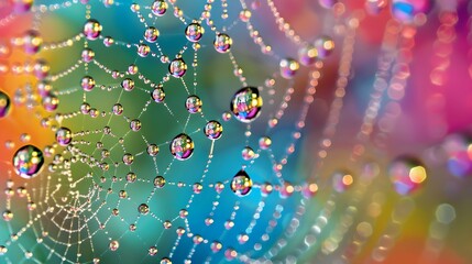 Colorful macro abstract of raindrops on spider web