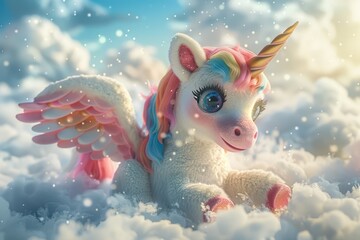 Canvas Print - A toy unicorn laying in the snow.