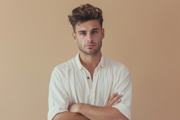 Poster - A man in a white shirt standing with his arms crossed. Suitable for business and corporate concepts
