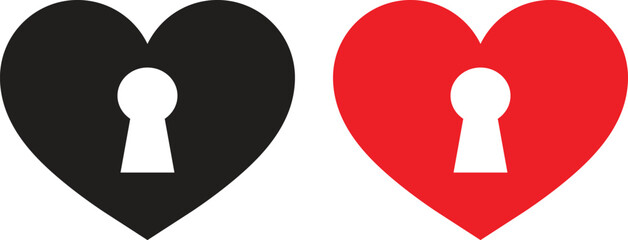 Poster - key hole heart icon set in black and red colors . heart with keyhole icon . key of love symbol . hea