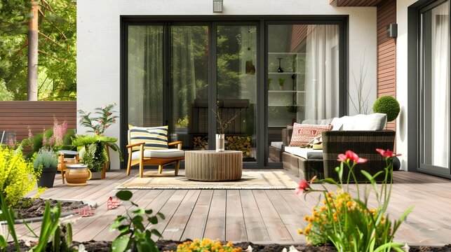 cozy patio area with garden furniture, sliding doors and decking