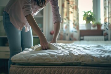 Poster - A woman cleaning a mattress in a bedroom. Suitable for household cleaning concepts