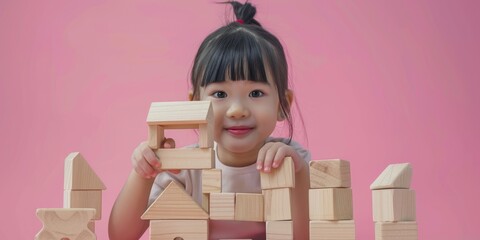 Sticker - A little girl having fun with wooden blocks. Great for educational projects