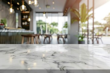 Poster - White marble table with blurred restaurant background for product display or montage