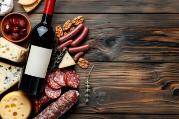 Wall Mural - Wine cheeses sausages on wood backdrop Various cheeses salami Empty area for text Overhead shot