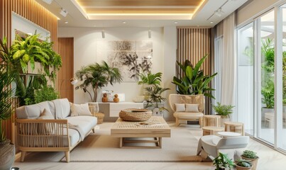 Poster - A living room with nature colors walls, modern lighting in the ceiling, wooden furniture and plants