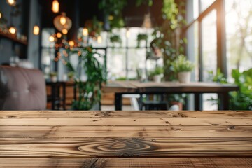 Poster - Wood table in blurred modern restaurant Coffee shop with empty space for product display mockup Restaurant counter design concept