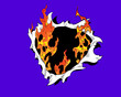 Comic book torn hole in the wall with flames in it, hand drawn vector illustration 