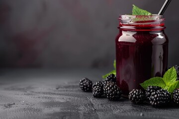 Poster - Yummy blackberry smoothie in mason jar on dark table Room for text