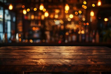 Poster - Wooden bar top with blurred lighting in a dark restaurant setting Lifestyle and celebration themes