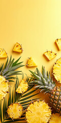 Wall Mural - Pineapples on yellow background, summer time banner with copy space