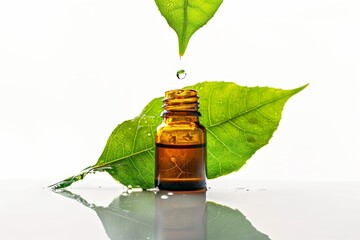 Poster - Drop of essential oil from green leaf into amber glass bottle on white background