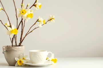 Poster - Easter themed still life with springtime flowers a coffee cup primrose willow branches daffodils and a white table background in a styled stock photo for web ban