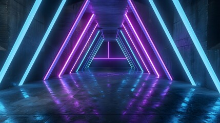 Sticker - Futuristic Sci-Fi Abstract Blue And Purple Neon Light Shapes On Black Background And Reflective Concrete With Empty Space For Text 3D Rendering