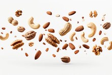 Floating Assorted Nuts Mix Levitating Over White Background