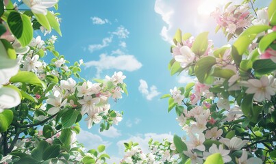 Wall Mural - Springs sky with clear blue sky and green leaves on the trees