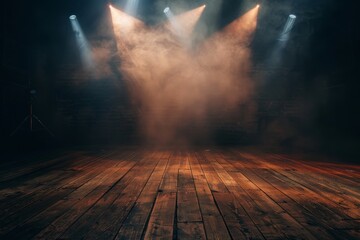 Poster - Focused lighting on stage with dark background and wooden floor Live show