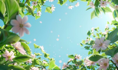 Wall Mural - Springs sky with clear blue sky and green leaves on the trees