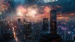 © cvetikmart - Fireworks dazzle in the night sky, mirrored on the city's towering skyscrapers