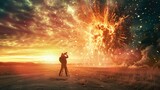 Fototapeta Tęcza - Camera aimed at firework explosion, set in a vast field, by lone photographer