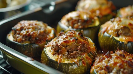 Wall Mural - A tray of meatballs in zucchini shells. The zucchini shells are golden brown and the meatballs are brown and glazed