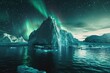A large ice block is surrounded by water and the sky is filled with auroras. The scene is serene and peaceful, with the bright lights of the auroras reflecting off the water