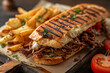 Delicious Grilled Sandwich with Pulled Pork and Golden French Fries