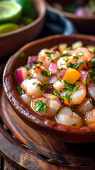 Sticker - Colorful Fresh Ceviche in a Traditional Clay Bowl on a Vibrant Table Setting