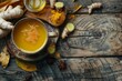 Ginger and turmeric tea to boost immune system with rustic wood background
