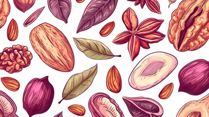 Wall Mural - A drawing of nuts and spices with a leafy green leaf in the middle. The drawing is colorful and has a whimsical feel to it