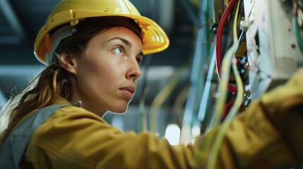 Poster - A woman in a hard hat working on electrical wires. Suitable for construction or electrician themed projects