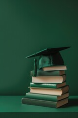 Canvas Print - A stack of books with a green cap on top. The books are stacked on top of each other