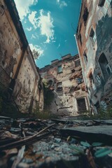 Poster - An old building with scattered debris, suitable for urban decay themes