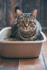 Aufkleber - Cat sitting in dish on the floor, suitable for pet product advertisements