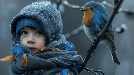 Canvas Print - Creative portrait of a child with bird