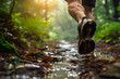 A trail runner navigating a winding forest path as the lush greenery of the forest envelops the trail