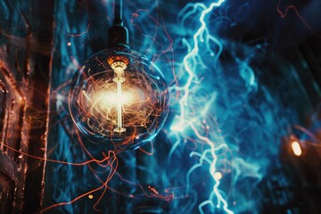 Poster - Light bulb hanging from a wall with lightning in the background. Ideal for concepts of creativity and inspiration