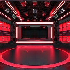 Aufkleber - A room illuminated by red lights with a black floor, suitable for various dramatic themes
