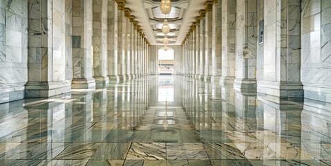 Poster - A long hallway with columns and a clock on the wall. Suitable for interior design concepts
