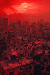 Poster - Dramatic red sky over urban cityscape, suitable for background use