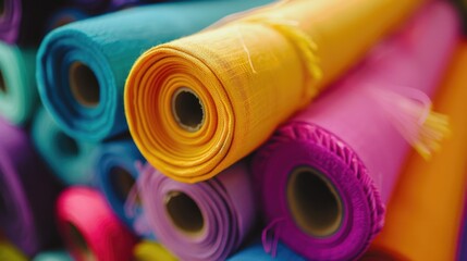 Poster - Close up of vibrant rolls of fabric, perfect for textile industry projects