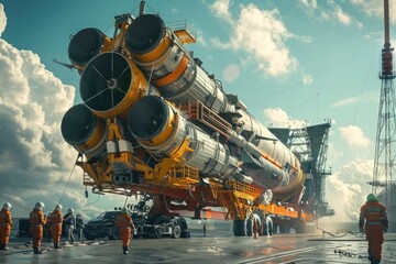 Poster - Group of people standing around a large space rocket. Suitable for technology and exploration concepts